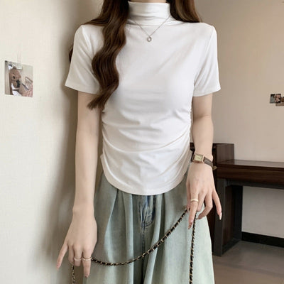 Femme Hoher Hals Enganliegend Kurzarmtop mit Seitlichem Raffung Detail Heidi-Mode