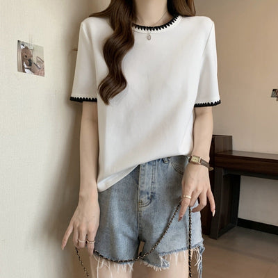 Femme Kurzarm-Top mit dekorativem Besatz Heidi-Mode