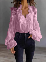 Damen Bluse Mit Langen Puffärmeln Und Spitze – Elegantes Vintage Oberteil in Rosa