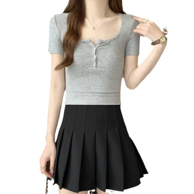 Femme Kurzarm-Henley-T-Shirt mit Knopfdetails Heidi-Mode