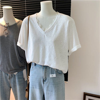 Femme Relaxed Fit V-Ausschnitt T-Shirt mit bequemen kurzen Ärmeln Heidi-Mode