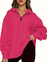 Damen nan Oversized Sweatshirt mit Kurzreißverschluss, Stehkragen und Kängurutasche Drune in Magenta