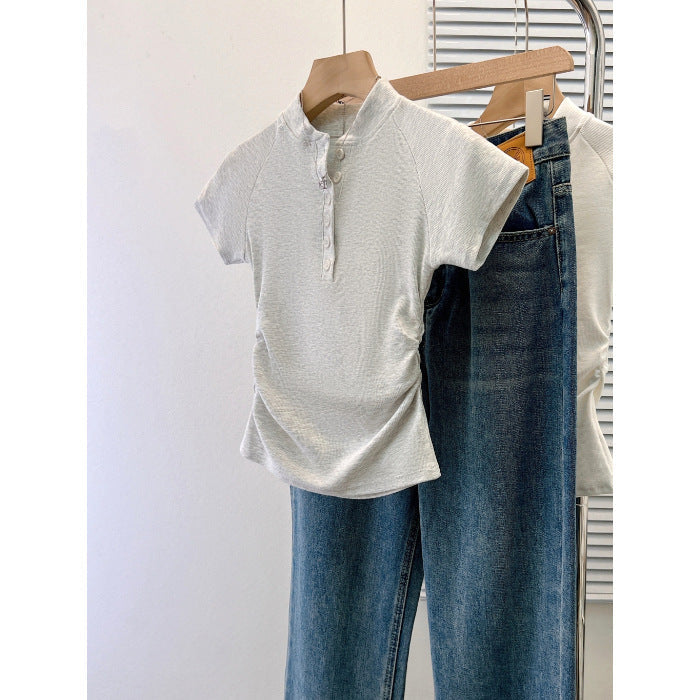 Femme Kurzarm Raffung Henley Oberteil mit Knopfdetail Heidi-Mode