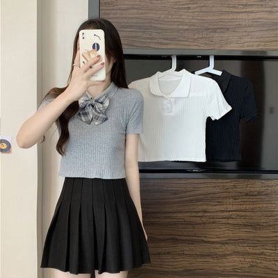 Femme Gestrickter Rippenshirt mit Kurzarm und Karo Schleifendetail Heidi-Mode