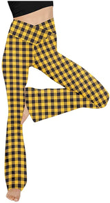 Damen nan taillenhohe Yogahose mit überkreuztem Bund und ausgestelltem Saum mit Schlitz Drune in Gelb mit kleinem Karomuster