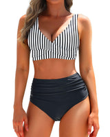 Damen Bikini Set Mit Hochtaillierten Shorts – Figurformende Bademode in Gestreift
