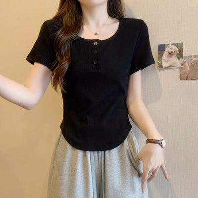 Damen gestreifter Kurzarm-Henley-Top mit Knopfdetails Heidi-Mode