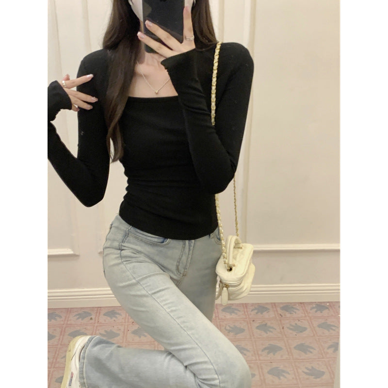 Damen Langarm-Top mit Quadrat-Ausschnitt und Daumenloch-Detail Heidi-Mode