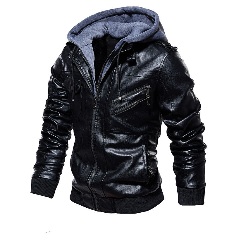 Herren Lederjacke mit Kapuze und Taschen