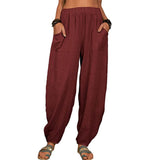 Damen nan lockere Leinenhose mit weitem Bein elastischem Bund und großen aufgesetzten Taschen Drune in Weinrot