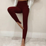Damen nan figurschmeichelnde Rippstrick-Leggings mit Fußschlaufe und hoher Bundkompression Drune in Weinrot