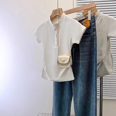 Femme Kurzarm Raffung Henley Oberteil mit Knopfdetail Heidi-Mode