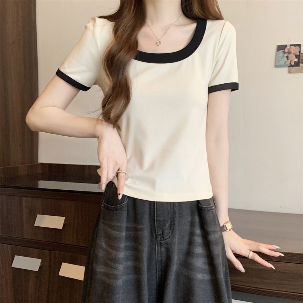 Damen Quadrat Ausschnitt Kontrastbesatz Oberteil Heidi-Mode