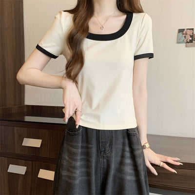 Damen Quadrat Ausschnitt Kontrastbesatz Oberteil Heidi-Mode