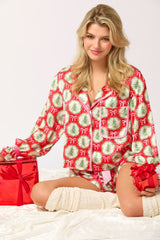 Damen nan verspieltes zweiteiliges Pyjama-Set mit Volantärmeln, Kordelzug und Brusttasche Drune in Rot