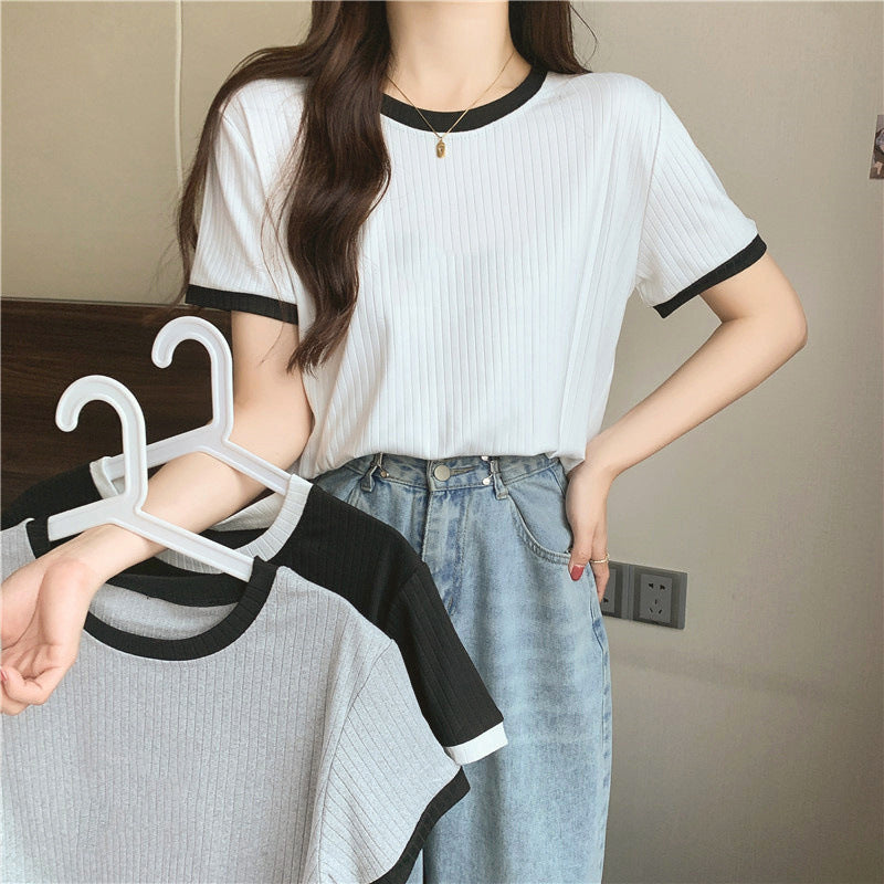 Femme Rippstrick Kontrastbesatz T-Shirt Heidi-Mode