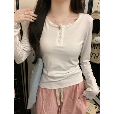 Femme Spitzenbesatz Knopf-Down Langarmoberteil Heidi-Mode