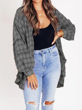 Damen nan oversized Karo-Überhemd mit Fransenbesatz, Brusttaschen und lockerer Passform Drune in Grau