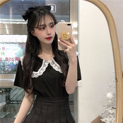 Femme Spitzenbesetzter Kragen T-Shirt Heidi-Mode