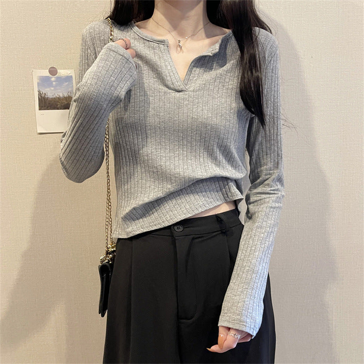 Damen Langarm V-Ausschnitt Ripp-Top Heidi-Mode