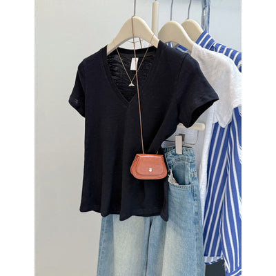 Damen Relaxed V-Ausschnitt Slub T-Shirt Heidi-Mode