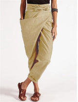 Damen nan Wickelhose aus Leinenmix mit hohem Taillenbund, überlappender Vorderseite und großzügiger Eingrifftasche Drune in Khaki