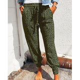 Damen nan lässige Leoparden-Print Jogginghose mit Tunnelzug, Eingrifftaschen und elastischen Bündchen Drune in Grün