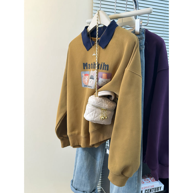 Femme Verspielt Grafisches Sweatshirt mit Kontrastkragen Heidi-Mode