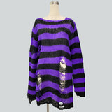 Damen nan Oversized Grobstrickpullover mit breiten Blockstreifen und aufgerissenem Design Drune in Lang Schwarz-Violett