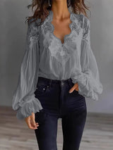 Damen Bluse Mit Langen Puffärmeln Und Spitze – Elegantes Vintage Oberteil in Grau