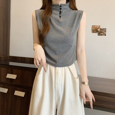 Femme Mock Neck Ärmelloses Oberteil mit Knopfdetail Heidi-Mode