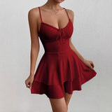 Damen Elegantes Skaterkleid Mit Spaghettiträgern – Fließendes Elegantes Kleid in Rot