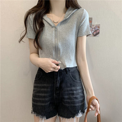 Femme Kurzarm Reißverschluss Hoodie mit geripptem Textur Heidi-Mode