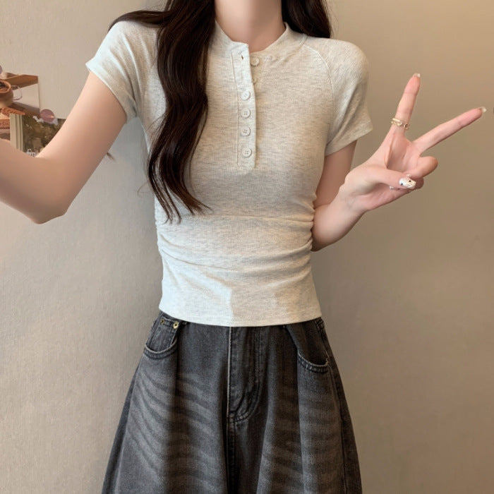 Femme Rippstruktur Knopf-Oben Kurzarmtop Heidi-Mode