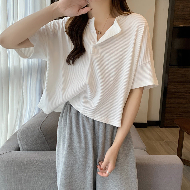 Femme Relaxed Fit Kurzarm Henley Oberteil Heidi-Mode