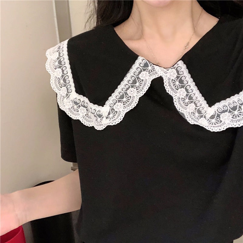 Femme Spitzenbesetzter Kragen T-Shirt Heidi-Mode
