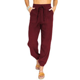 Damen nan leichte Leinenoptik Freizeit-Hose mit hohem elastischem Bund, Kordelzug, aufgesetzten Taschen und elastischen Knöchelbündchen Drune in Weinrot