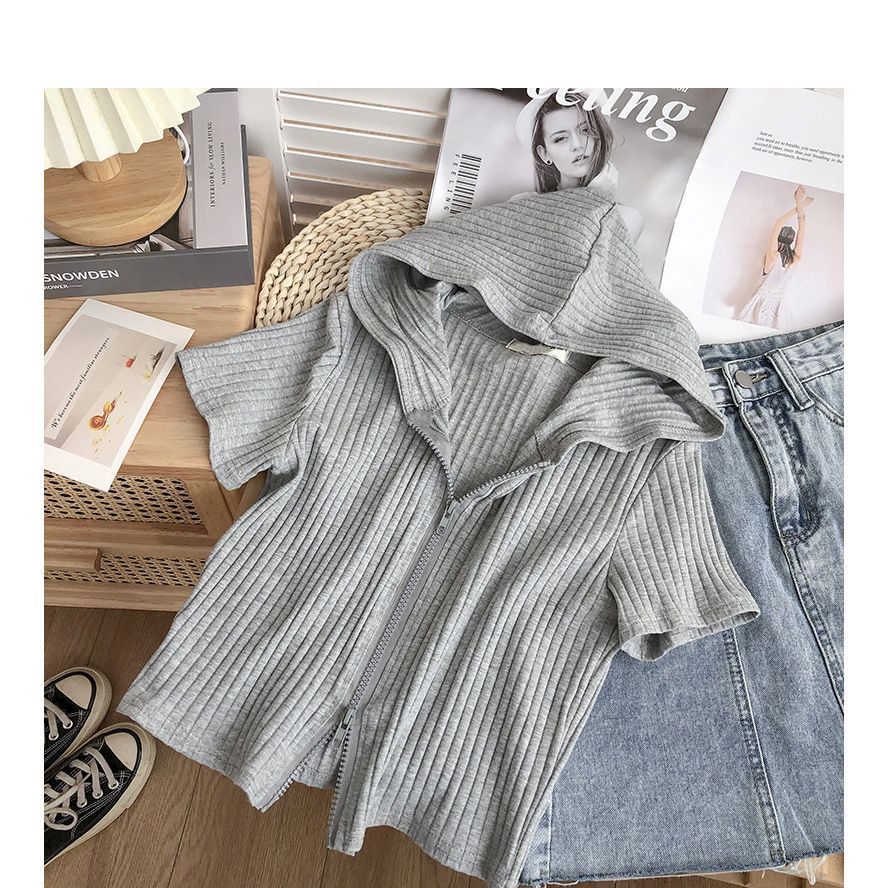 Damen Kurzarm Kapuzen Zip-Up Oberteil mit Ripptextur Heidi-Mode