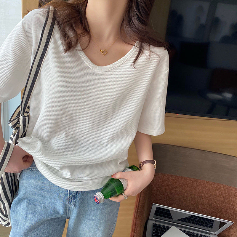 Femme Leichtgewicht Gestreiftes V-Ausschnitt T-Shirt Heidi-Mode