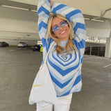 Damen nan oversized Strickpullover mit Herz-Intarsie und Chevron-Muster Drune in Blau