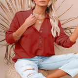 Damen nan lässiges Waffel-Polohemd mit Henley-Knopfleiste und überschnittener Schulter Drune in Rot