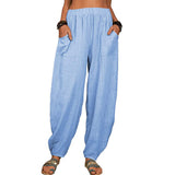 Damen nan lockere Leinenhose mit weitem Bein elastischem Bund und großen aufgesetzten Taschen Drune in Himmelblau