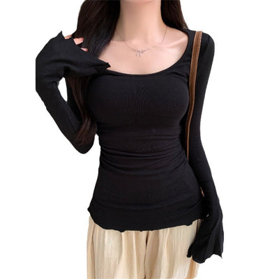Damen Langarm Enges Oberteil mit Eleganten Ausgestellten Manschetten Heidi-Mode