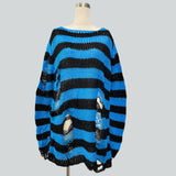 Damen nan Oversized Grobstrickpullover mit breiten Blockstreifen und aufgerissenem Design Drune in Lang Schwarz-Blau