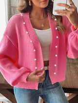 Damen nan Strickcardigan mit Perlenknöpfen und Balloon-Ärmeln Drune in Dunkelrosa