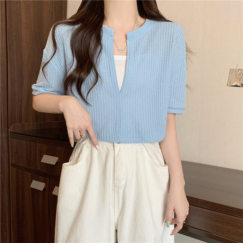 Femme Kurzarm Waffelstricktop mit Knopfdetails Heidi-Mode