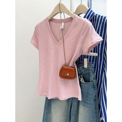 Damen Relaxed V-Ausschnitt Slub T-Shirt Heidi-Mode