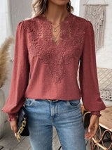 Damen nan Spitzenapplikation V-Ausschnitt Bluse mit Strukturpunkt, gerafften Manschetten und leicht taillierter Silhouette Drune in Weinrot