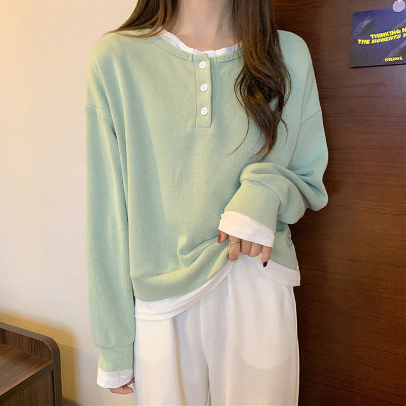 Femme Geschichteter Henley-Stil Pullover Sweatshirt Heidi-Mode