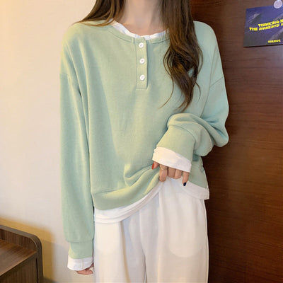 Femme Geschichteter Henley-Stil Pullover Sweatshirt Heidi-Mode